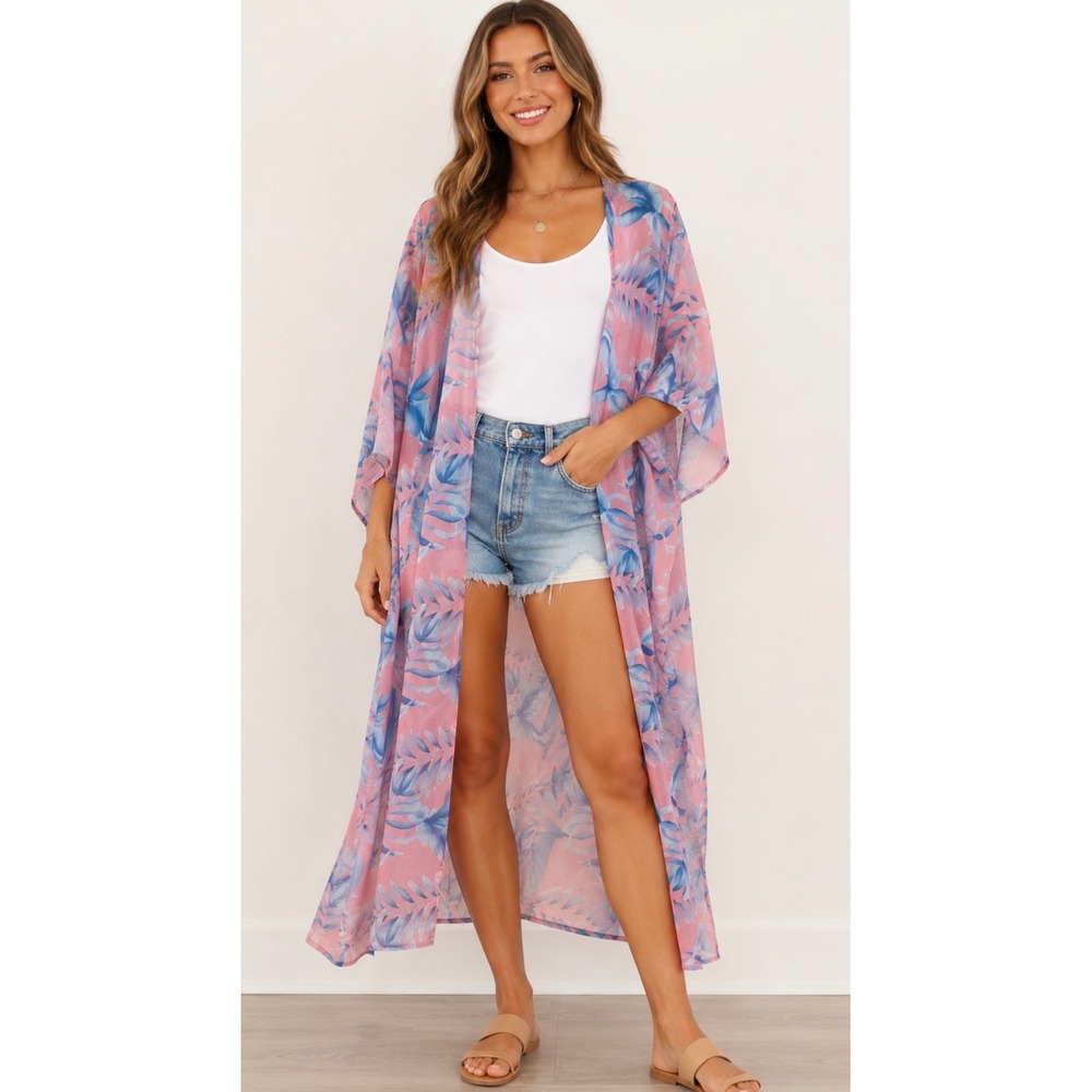 Pink Lily Long Printed Kimono Duster Pink Blue Tropical Leaf Size M